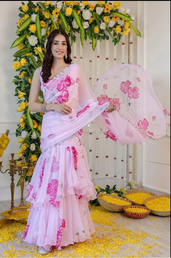 Gulnaar Grace Pink Floral Saree