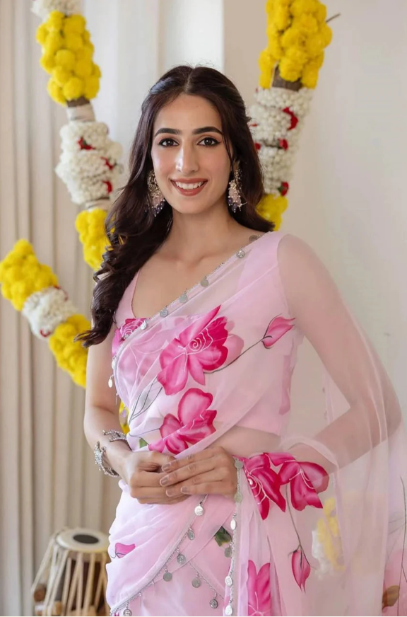 Gulnaar Grace Pink Floral Saree