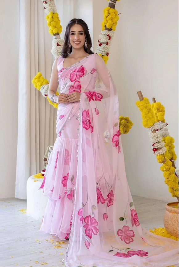 Gulnaar Grace Pink Floral Saree